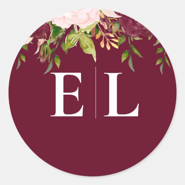 Monografische Hochzeit von Burgundy Blush Gold Flo Runder Aufkleber (Vorderseite)