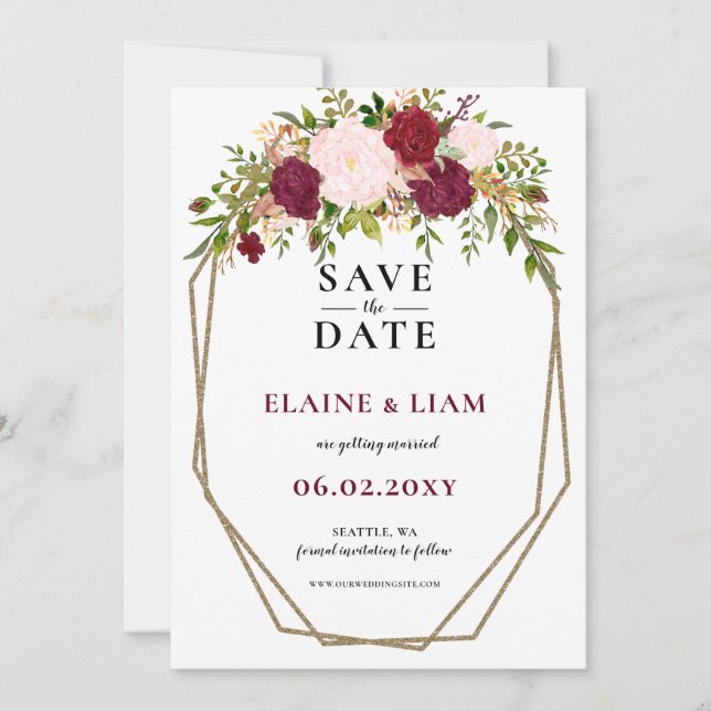 Monografische Hochzeit von Burgundy Blush Gold Flo Save The Date (Vorderseite)