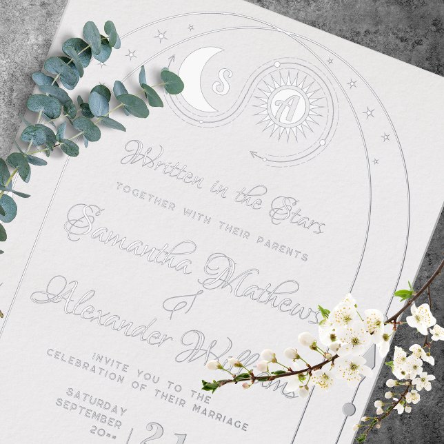 Monografische Hochzeit von Celestial Moon & Sun Wa Folieneinladung (Elegant Celestial Moon & Sun Crest Monogram Wedding Foil Invitation Millennial Marriage Ceremony )