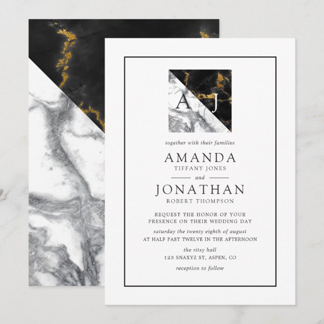 Monografische Hochzeit von Chic Marble und Foil Ge Einladung (Vorne/Hinten)