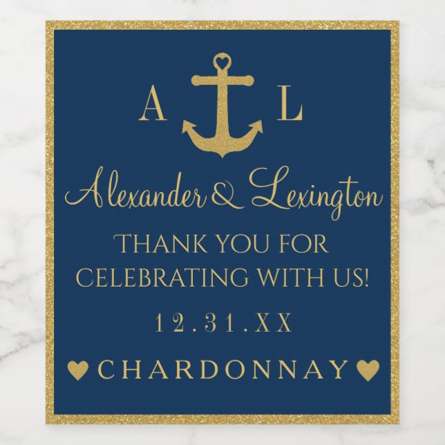 Monografische Hochzeit von Gold und Navy Blue Anch Weinetikett (Einzelnes Label)