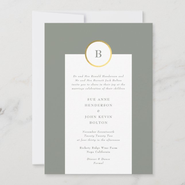 Monografische Hochzeit von Grün und Gold Foil Einladung (Vorderseite)