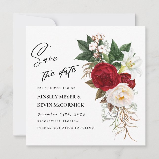 Monografische Hochzeit von Lush Red Floral Save The Date (Vorderseite)