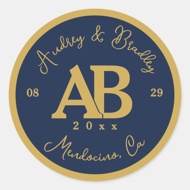Monografische Hochzeit von Navy Gold 2 Letter Runder Aufkleber (Vorderseite)
