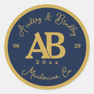 Monografische Hochzeit von Navy Gold 2 Letter Runder Aufkleber