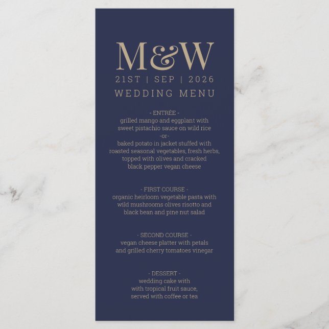 Monografische Hochzeit von Navy Gold Menükarte (Vorderseite)