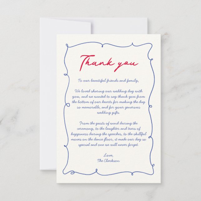 Monografische Hochzeit von Red & Blue Wavy Hand Dr Dankeskarte (Vorderseite)