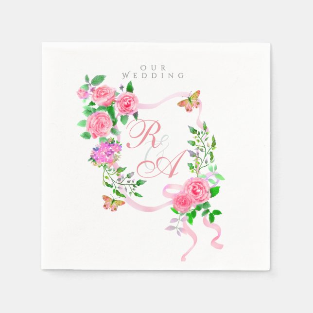 Monografische Hochzeit von Rosa Ribbon Serviette (Vorderseite)