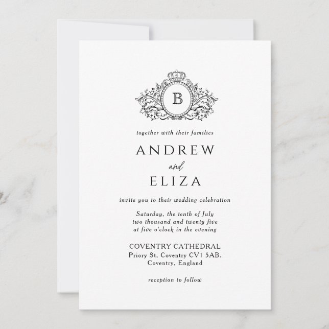 Monografische Hochzeit von Royal, Black und White  Einladung (Vorderseite)