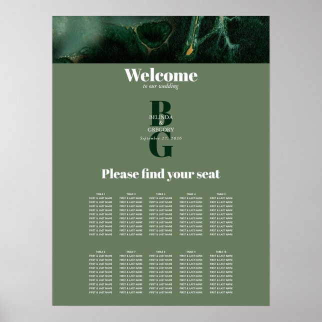 Monografische Hochzeitstabelle für moderne grüne M Poster (Vorne)