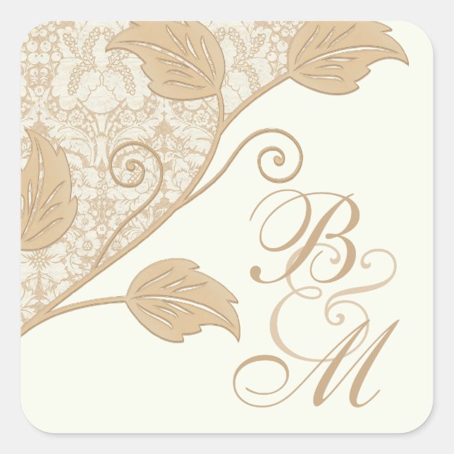 Monografische Spitzen und Blätter Monogramm-Hochze Quadratischer Aufkleber (Vorderseite)