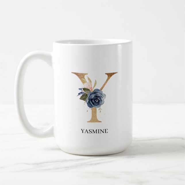Monografischer Brief der Navy Blush Floral "Y" Per Kaffeetasse (Links)