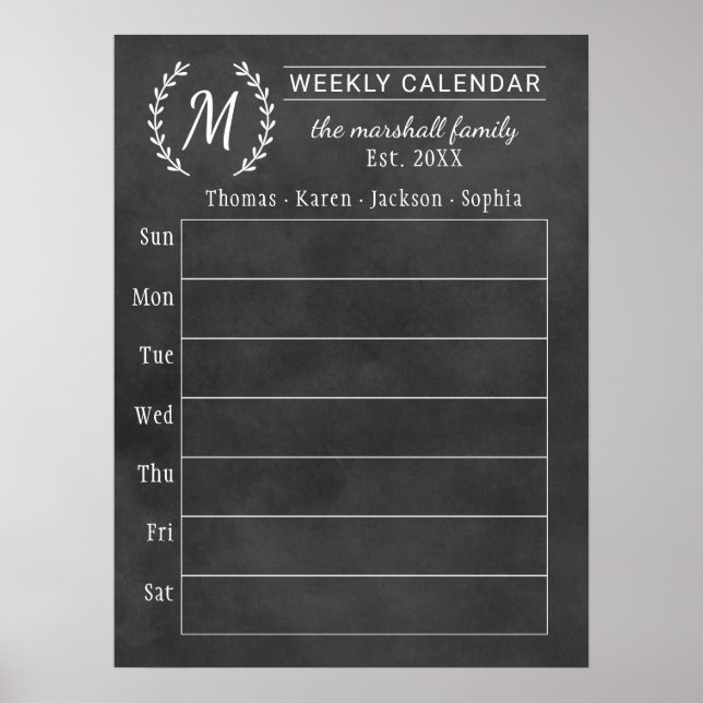 Monografischer Kalender der Chalkboard-Woche Poster (Vorne)