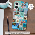 Monografischer Name des Foto Collage 17 Fotos Minz iPhone 16 Hülle<br><div class="desc">Tragen Sie 17 Ihrer Lieblings-Fotos auf diesem individuellen Hintergrund Farbe Handy Gehäuse mit einer Collage aus Foto verschiedener Formen und Größen und personalisiert mit Ihrem Monogramm und Namen in einem modernen Skript-Schriftart über den ersten (in den Farbtönen Minz grün, Türkis und aquamarin). Ändern Sie die Stile und Farben des Schriftartes...</div>