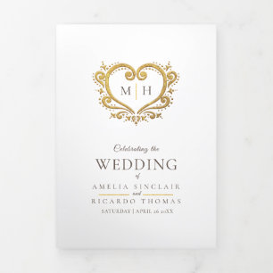Monografisches Foto Goldbraun Hochzeitsprogramm Dreifach-gefaltete Programmkarte