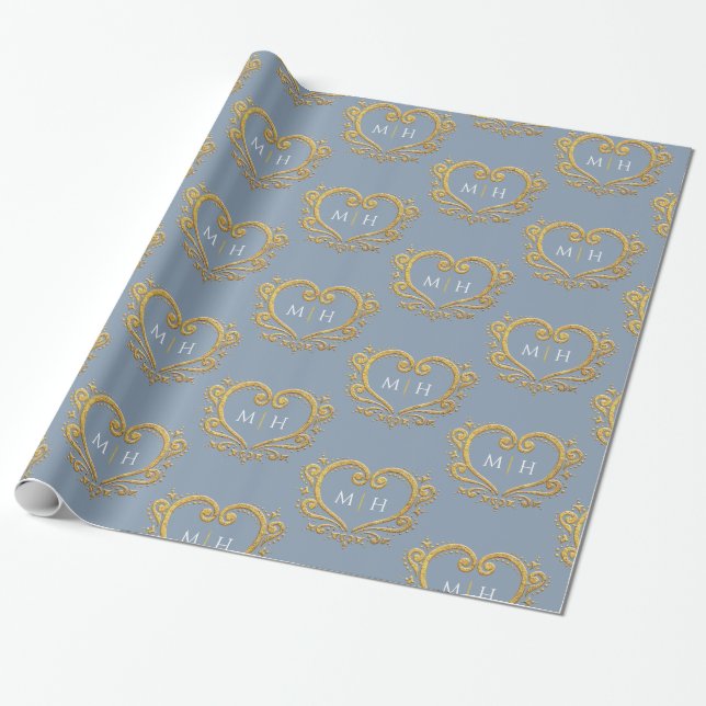 Monografisches Gold des Herzens auf staubiger blau Geschenkpapier (Ungerollt)