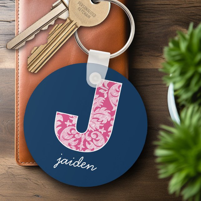 Monografisches Muster für Navy und Hot Pink Damask Schlüsselanhänger (Personalized Keychain - Modern Monogram)