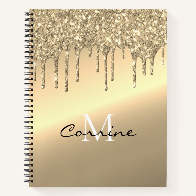 Monogram 14K Antiqu Gold Dripping Glitzer Metallic Notizbuch (Vorderseite)