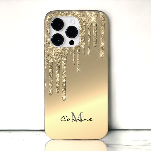Monogram 14k Gold Side Dripping Glitzer Android + iPhone 14 Pro Max Hülle (Von Creator hochgeladen)