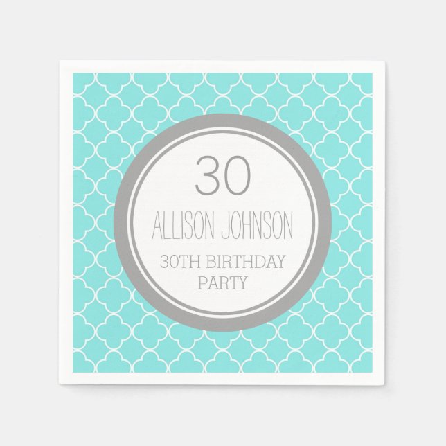 Monogram 30. Geburtstag Napkin Aqua Quatrefolie Serviette (Vorderseite)