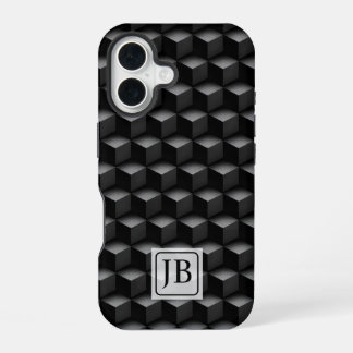 Monogram, 3D Black Geometric Pattern, Modern iPhone 16 Hülle