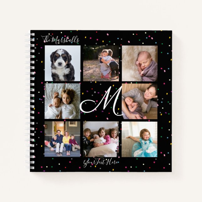 Monogram 8 Foto Collage farbenfroh Confetti Black Notizbuch (Vorderseite)