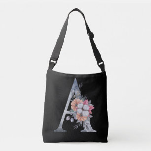 Monogram A Floral Blue Pink Pink Black Tragetaschen Mit Langen Trägern