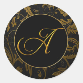 Monogram A Gold and Black Damask Wedding Siegel Runder Aufkleber
