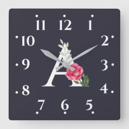 Monogram A in White Pink Rose and Leaves Gray Quadratische Wanduhr
