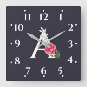 Monogram A in White Pink Rose and Leaves Gray Quadratische Wanduhr