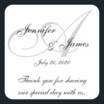 Monogram A Wedding Danke, Labels Stickers<br><div class="desc">Grau,  schwarz und weiß elegante Hochzeitsmonogramm danke Ihnen Labels mit Dankeschön Nachricht. Diese Hochzeitsbedankungen sind die perfekte Art,  Ihre Gastgeschenke Hochzeiten zu personalisieren. Benutzerdefinierte Vorlage für den ersten "A". Fügen Sie Ihre Braut- und Bräutigamen und das Hochzeitstermin hinzu. Großartiger Schriftart-Overlay-Entwurf auf weißem Hintergrund. Elke Clarke©</div>