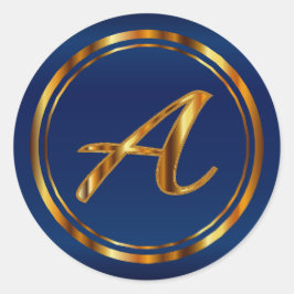 Monogram A-Z - Metallisches Gold auf Navy Blue Runder Aufkleber