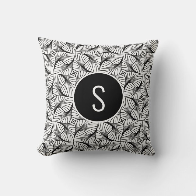 Monogram Abstrakt Art Black & White Wirbel Kissen (Vorderseite)
