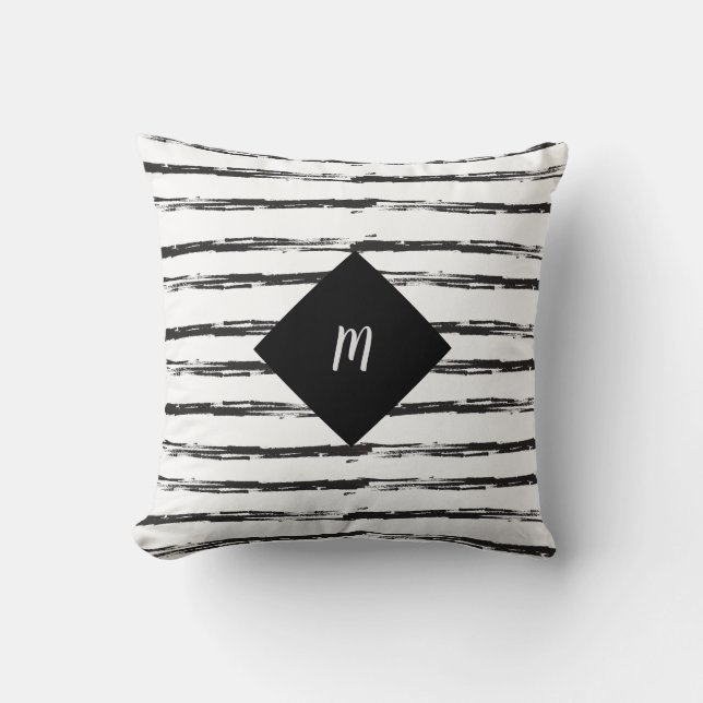 Monogram Abstrakt Black Brush Grunge Stripes ART Kissen (Vorderseite)