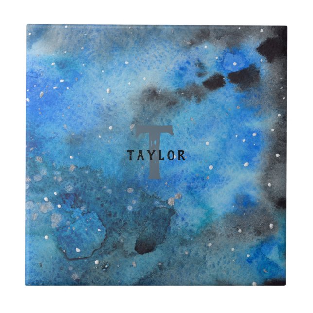 Monogram Abstrakt Blue Black Wassercolor Fine Art Fliese (Vorderseite)