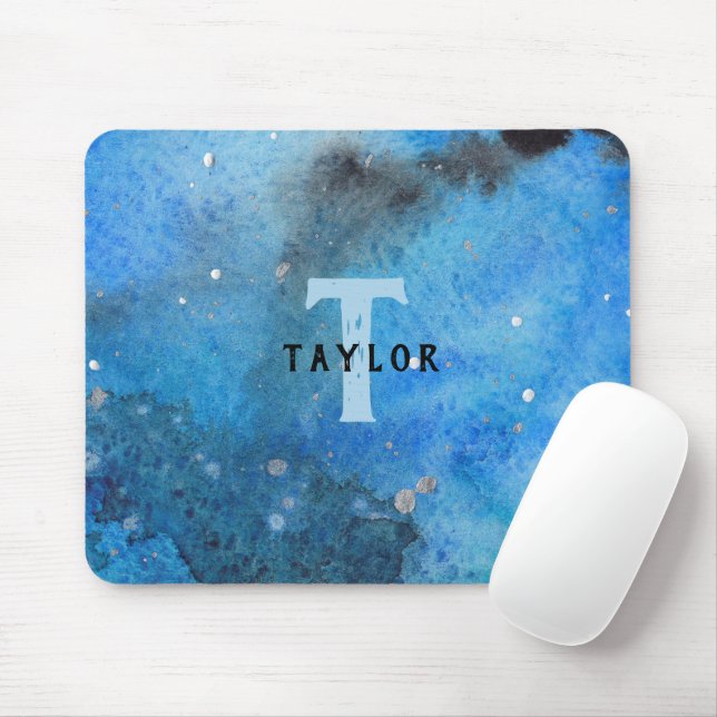Monogram Abstrakt Blue Black Wassercolor Fine Art Mousepad (Mit Mouse)