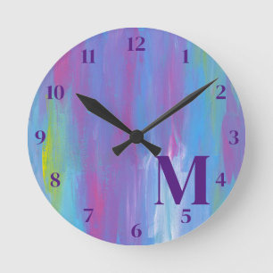 Monogram Abstrakt Blue Lila Green Runde Wanduhr