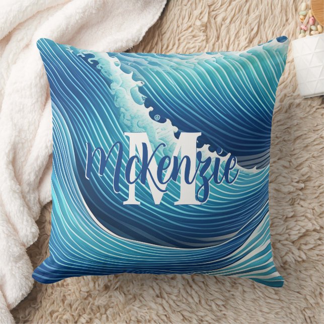 Monogram Abstrakt Blue Ocean Wave Kissen (Decke)
