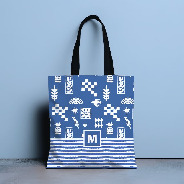 Monogram Abstrakt Geometric Bird Floral Blue Tasche (Von Creator hochgeladen)