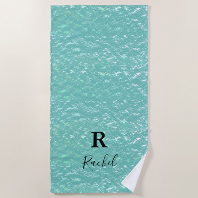 Monogram Abstrakt Glitzer Sparkle Aquamarin Lake B Strandtuch (Vorderseite)