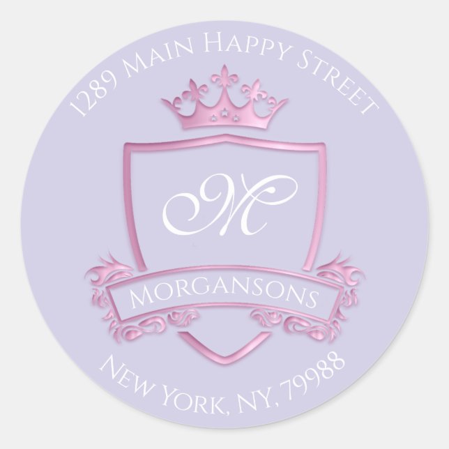 Monogram Address Crown Royal Pink Lila UAWG Runder Aufkleber (Vorderseite)