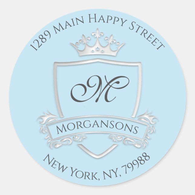 Monogram Address Crown Royal Silver Gray Runder Aufkleber (Vorderseite)