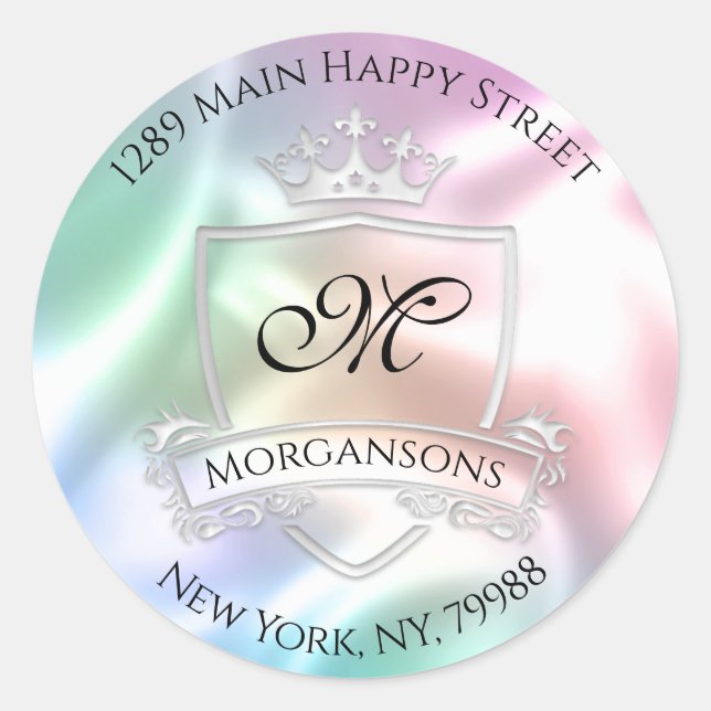 Monogram Address Crown Royal Silver Holograph Rose Runder Aufkleber (Vorderseite)