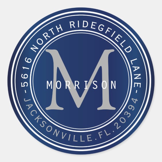 Monogram Address Label in Navy Blue 2 Runder Aufkleber (Vorderseite)