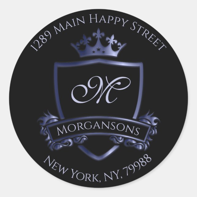 Monogram Address UAWG Crown Royal Smoky Blue Black Runder Aufkleber (Vorderseite)