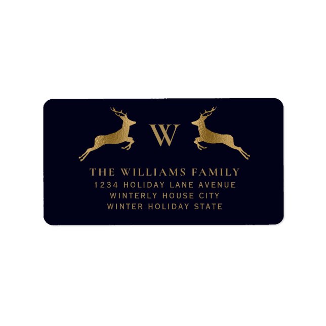 Monogram-Adresse der Midnight Navy Gold Deer Famil Adressaufkleber (Vorne)