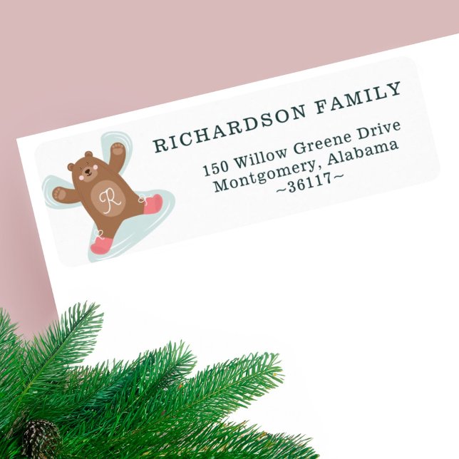 Monogram-Adresse des Waldbärenschneeangels (Woodland Bear Snow Angel Monogram Address Label)