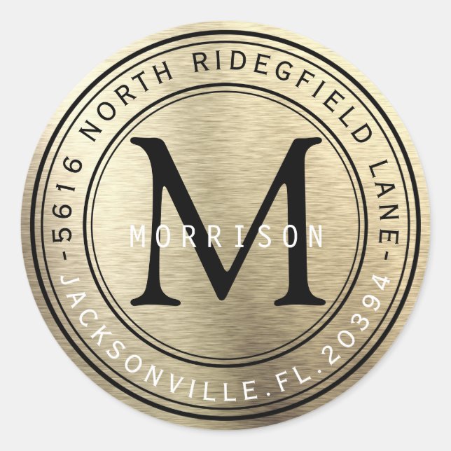 Monogram-Adressenlabel in Brush Gold Metallic Runder Aufkleber (Vorderseite)