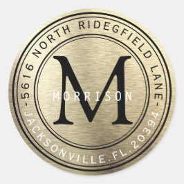 Monogram-Adressenlabel in Brush Gold Metallic Runder Aufkleber