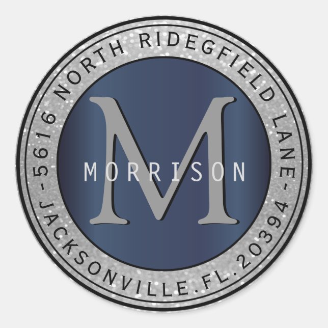 Monogram-Adressenlabel in Silver Glitzer / Blau Runder Aufkleber (Vorderseite)